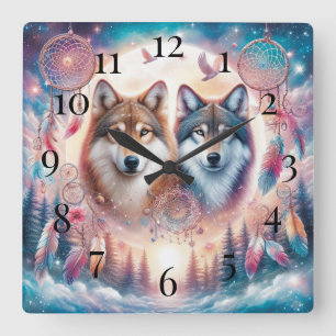 Wölfe und Dreamcatchers Quadratische Wanduhr