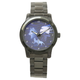 Wölfe und Raven mit Vollmond Armbanduhr