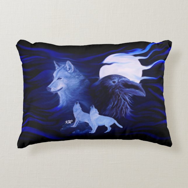 Wölfe und Raven mit Vollmond Dekokissen (Vorderseite)
