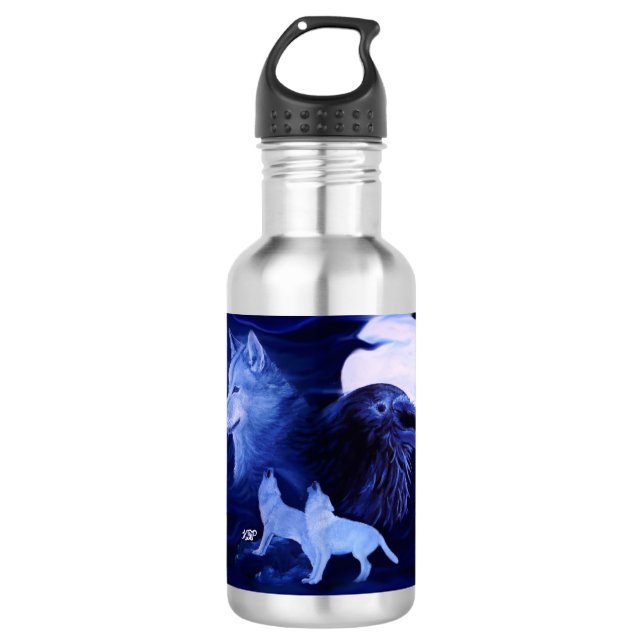 Wölfe und Raven mit Vollmond Edelstahlflasche (Vorderseite)
