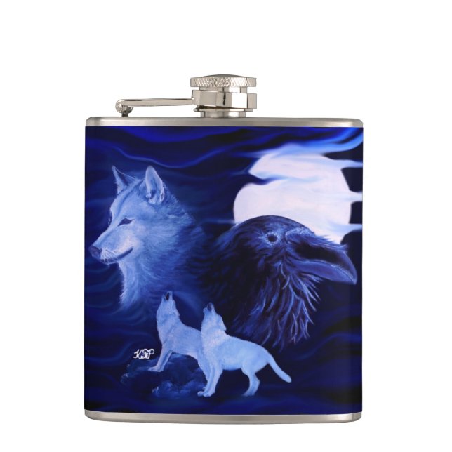 Wölfe und Raven mit Vollmond Flachmann (Vorderseite)