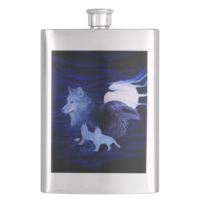 Wölfe und Raven mit Vollmond Flachmann (Vorderseite)