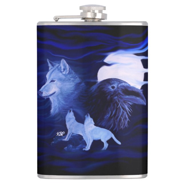 Wölfe und Raven mit Vollmond Flachmann (Vorderseite)