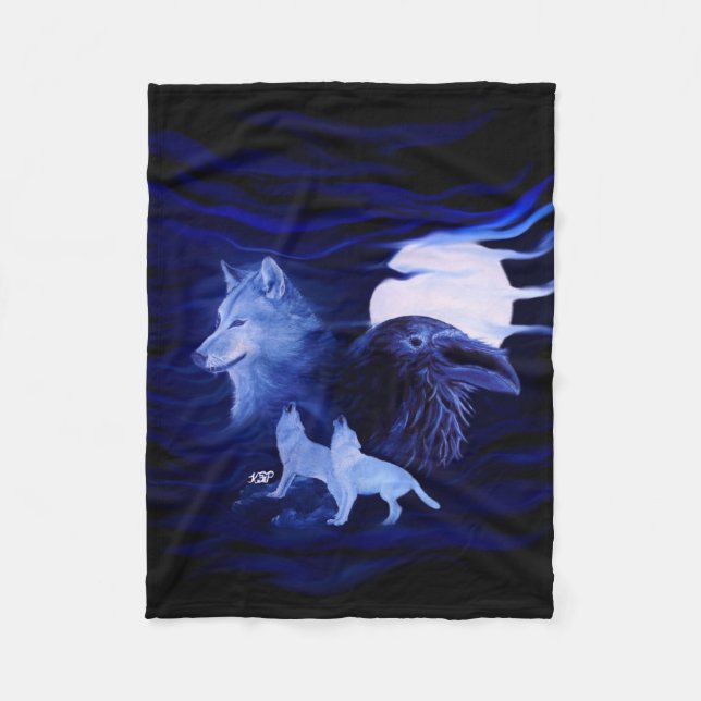 Wölfe und Raven mit Vollmond Fleecedecke (Vorderseite)
