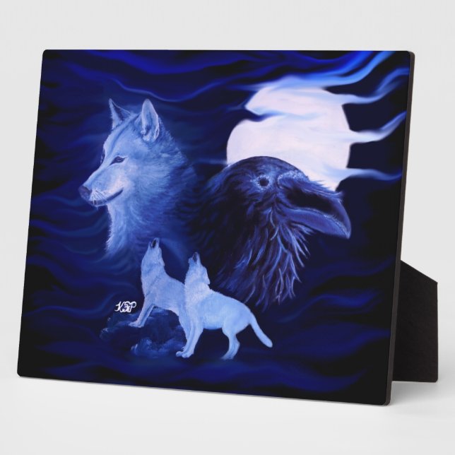Wölfe und Raven mit Vollmond Fotoplatte (Seite)
