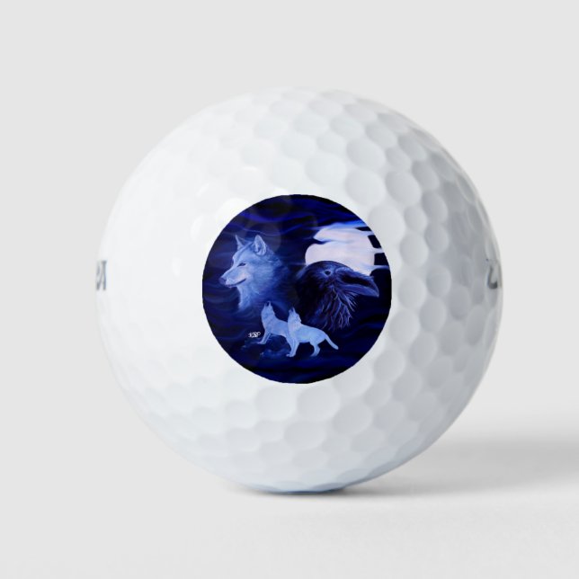 Wölfe und Raven mit Vollmond Golfball (Vorderseite)
