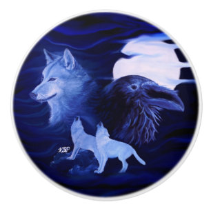 Wölfe und Raven mit Vollmond Keramikknauf