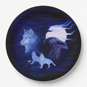 Wölfe und Raven mit Vollmond Pappteller