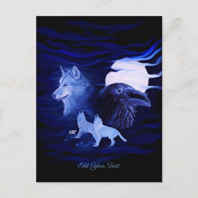 Wölfe und Raven mit Vollmond Postkarte (Vorderseite)