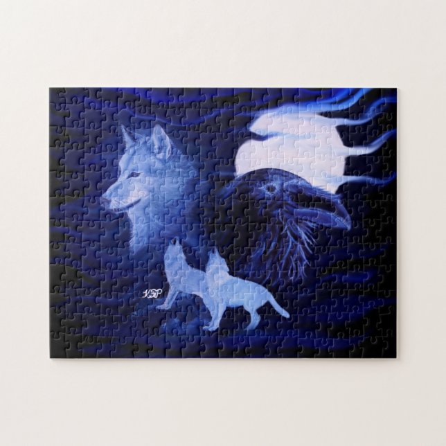 Wölfe und Raven mit Vollmond Puzzle (Horizontal)