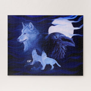 Wölfe und Raven mit Vollmond Puzzle