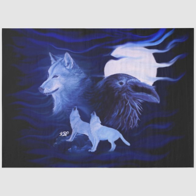 Wölfe und Raven mit Vollmond Seidenpapier (Vorderseite)
