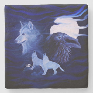 Wölfe und Raven mit Vollmond Steinuntersetzer