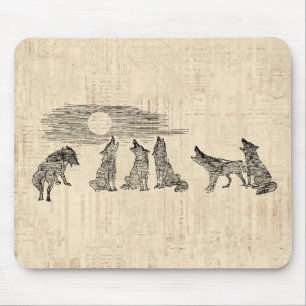 Wolfen Howling auf dem Mond Vintage Wolfskunst Mousepad