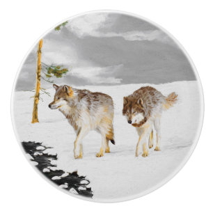 Wolfen in der Schneemalerei - Original Wildlife Ar Keramikknauf