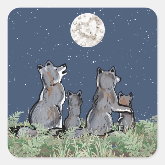 Wolfen Wolf Howling am Mond, Night Stars Animal Quadratischer Aufkleber (Vorderseite)