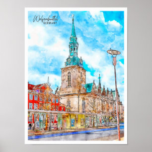 Wolfenbüttel Deutschland vintage Reise Aquarell Poster