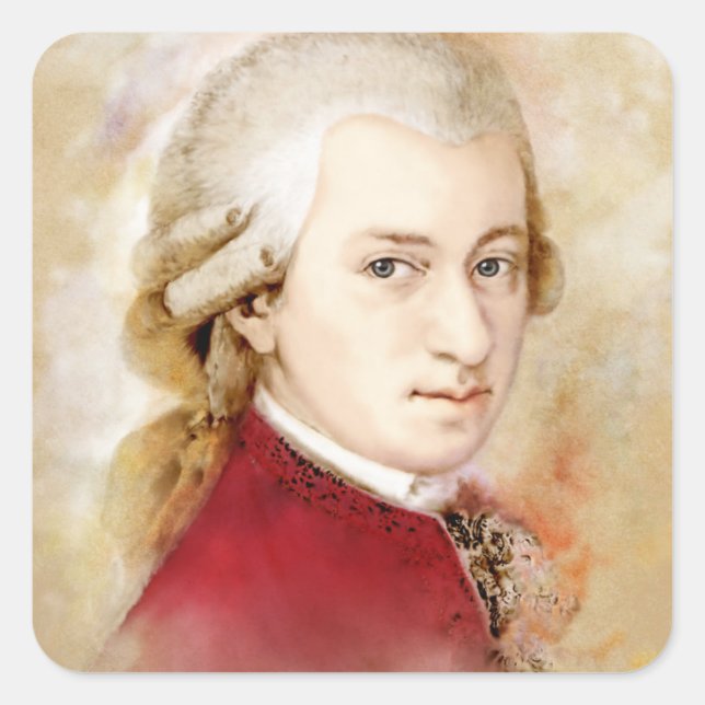 Wolfgang Amadeus Mozart im Aquarell Stil Quadratischer Aufkleber (Vorderseite)