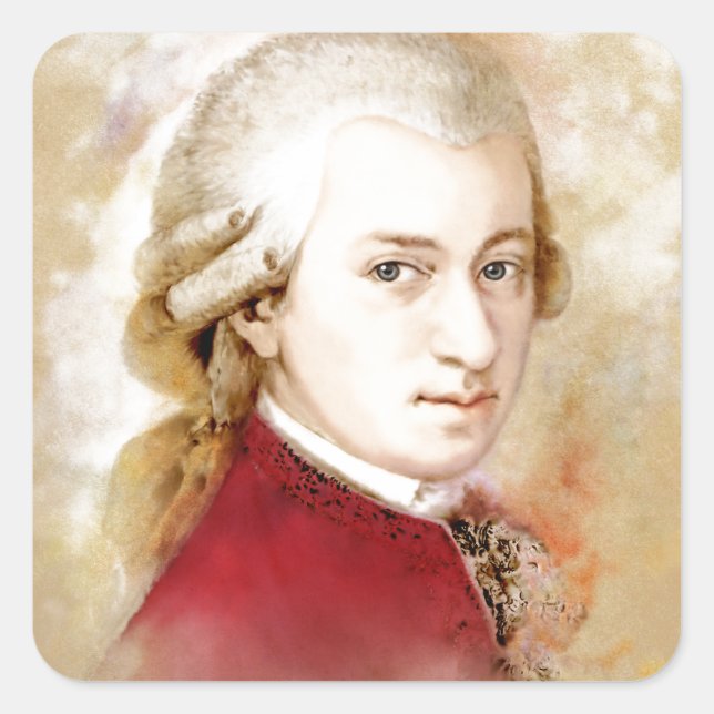 Wolfgang Amadeus Mozart im Aquarell Stil Quadratischer Aufkleber (Vorderseite)