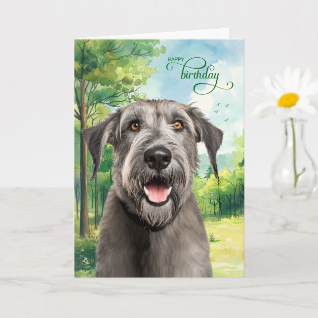 Wolfhound Dog Birthday Wishes Park with Oaks Karte (Kleine Pflanze)