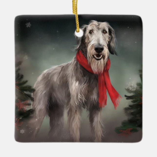 Wolfhound Dog in Schneehocht Keramikornament (Vorderseite)