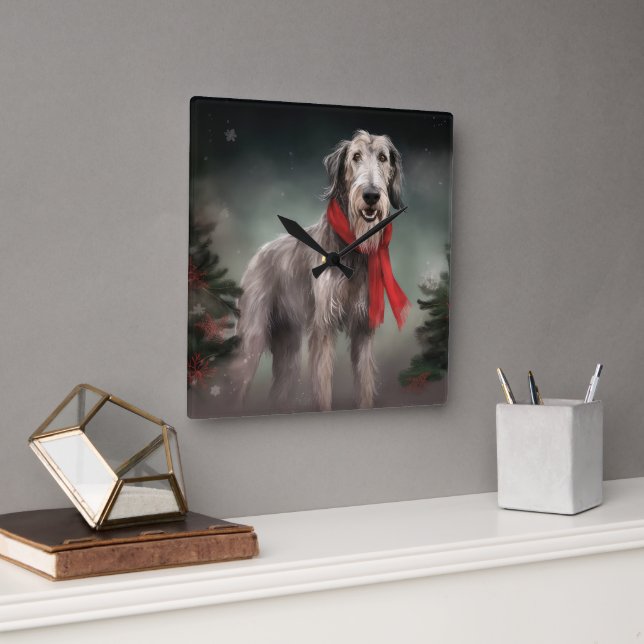 Wolfhound Dog in Schneehocht Quadratische Wanduhr (Büro)