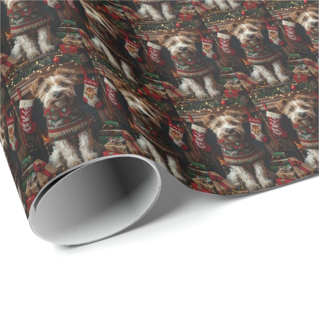 Wolfhound Hund mit Weihnachtsgeschenken Feuerplatz Geschenkpapier (Rolleneckpunkt)