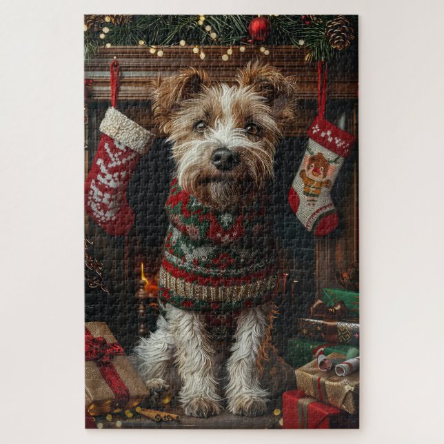 Wolfhound Hund mit Weihnachtsgeschenken Feuerplatz Puzzle (Vertikal)
