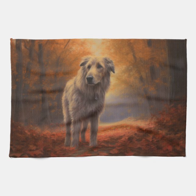 Wolfhound im Herbst Leaves Fall Inspiriert Geschirrtuch (Horizontal)