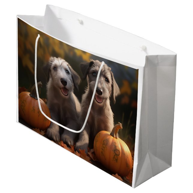 Wolfhound Welpe Herbst Delight Pumpkin Große Geschenktüte (Vorderseite Schrägansicht)
