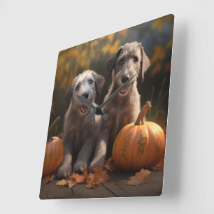 Wolfhound-Welpe Herbstfreude Kürbis Quadratische Wanduhr