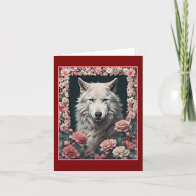 Wolfporträt mit Blumen Dankeskarte (Vorderseite)