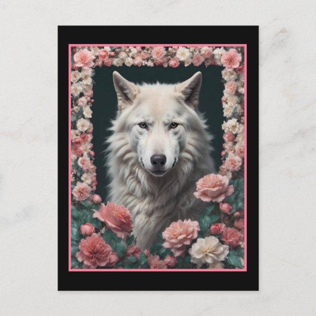 Wolfporträt mit Blumen Postkarte (Vorderseite)