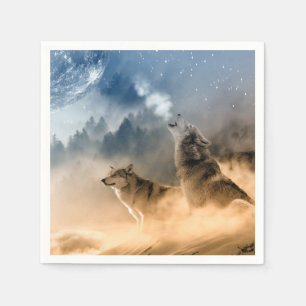 Wolfs Heulen auf einer kalten nebeligen Serviette