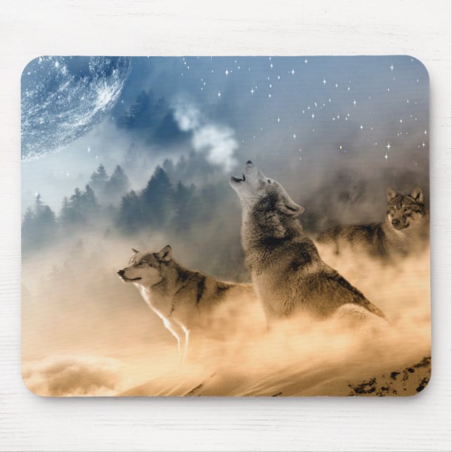 Wolfs Howl auf der kalten, foggy, Sternensternnach Mousepad (Vorne)