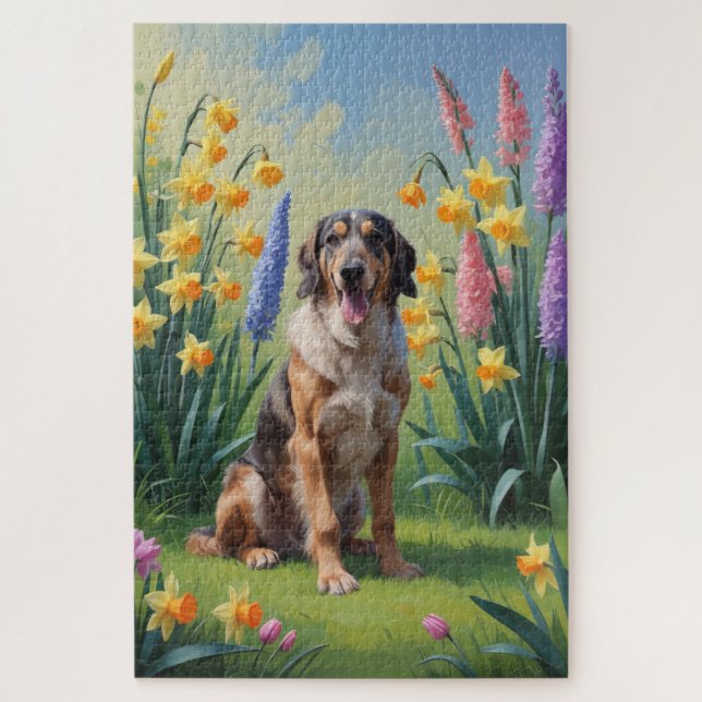 Wolfshund-Hund-Frühlingsblumen-Gemälde Puzzle (Vertikal)