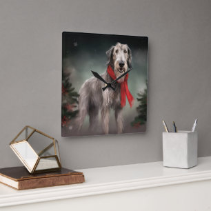 Wolfshund Hund im Schnee Weihnachten Quadratische Wanduhr