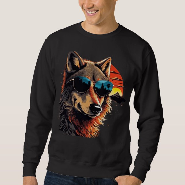 Wolfshund mit Sonnenbrille im Sonnenuntergang Idee Sweatshirt (Vorderseite)