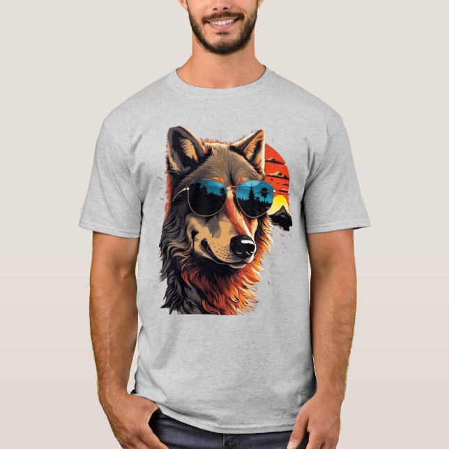 Wolfshund mit Sonnenbrille im Sonnenuntergang Idee T-Shirt (Vorderseite)