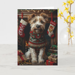Wolfshund mit Weihnachtsgeschenken am Kamin Karte
