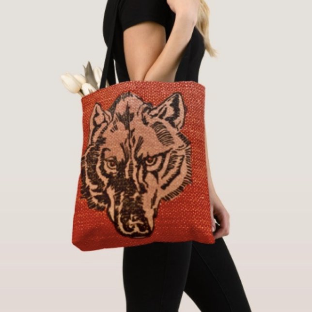 Wolfskopf auf Rot (Wolf Head on Red  Design Travel Tote Bag, laminated  for extra support. Made in USA. )