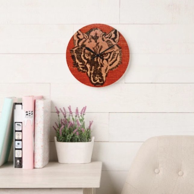 Wolfskopf auf Rot  Große Wanduhr (Wolf Head on Red  Design high-quality wall clock vibrantly printed non-ticking design.

)