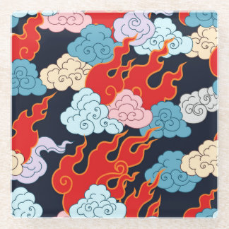 Wolken, Flammen: Schwarzes Vintages Muster. Glasuntersetzer