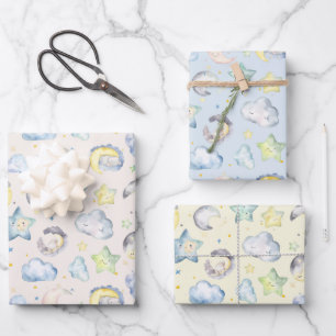 Wolken, Monde und Sterne für Baby Geschenkpapier Set