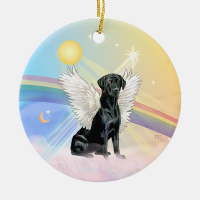 Wolken - Schwarzer Labrador Angel Keramikornament (Vorne)