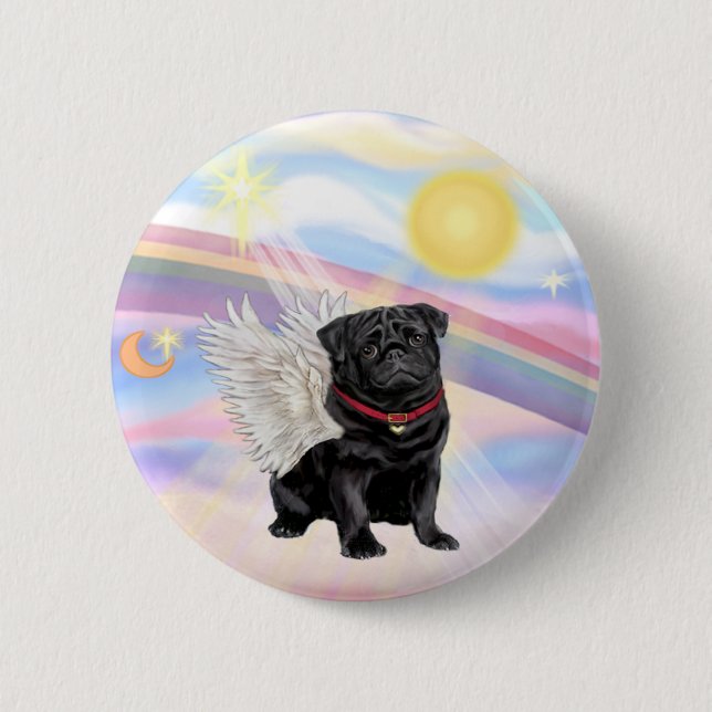 Wolken - Schwarzer Pug Engel Button (Vorderseite)