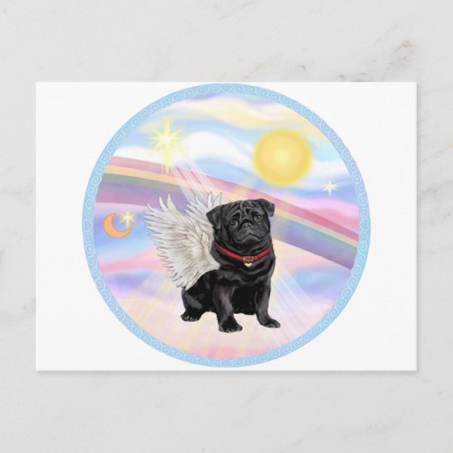 Wolken - Schwarzer Pug Engel Postkarte (Vorderseite)
