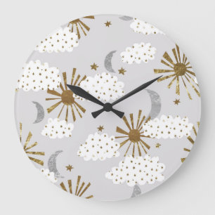 Wolken, Sonne und Mond, minimalistisches Muster. Große Wanduhr