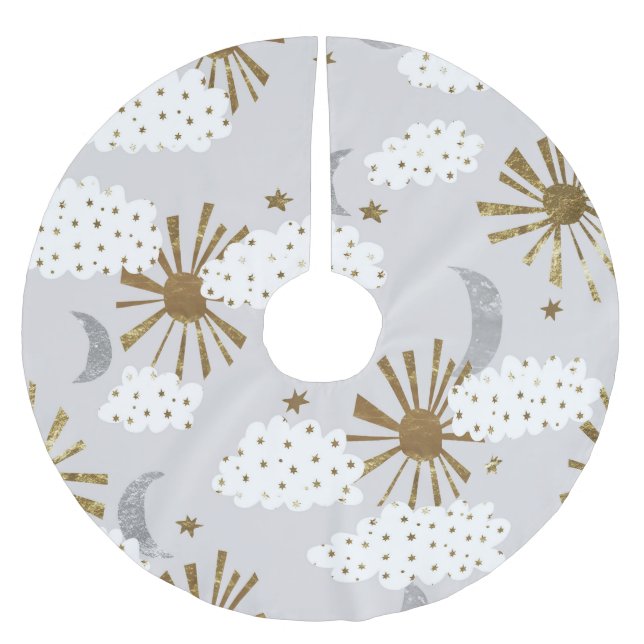 Wolken, Sonne und Mond, minimalistisches Muster. Polyester Weihnachtsbaumdecke (Vorderseite)