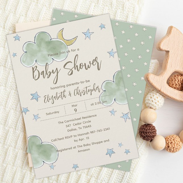Wolken Sterne Mond Neutrale Paare Baby Shower Boy Einladung (Von Creator hochgeladen)